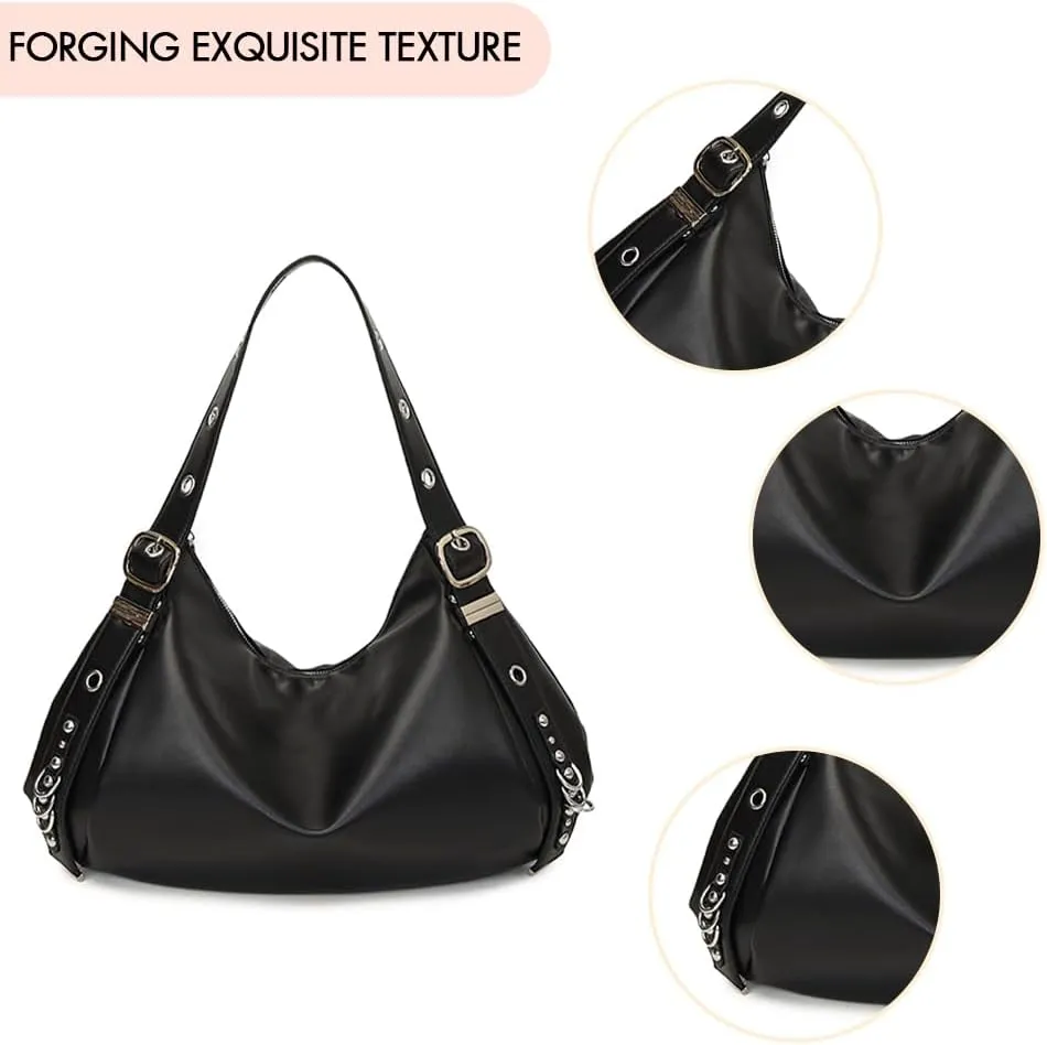 PU Leather Shoulder Bag Street Fashion Tote Handbag Rivet Handle Bag for Women with Adjustable Strap