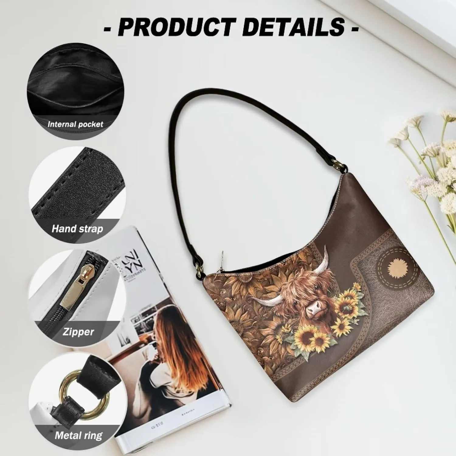 PU Leather Underarm Shoulder Bag Small Zipper Hobo Bags for Women Crescent Tote Bag for Date Travel Shopping