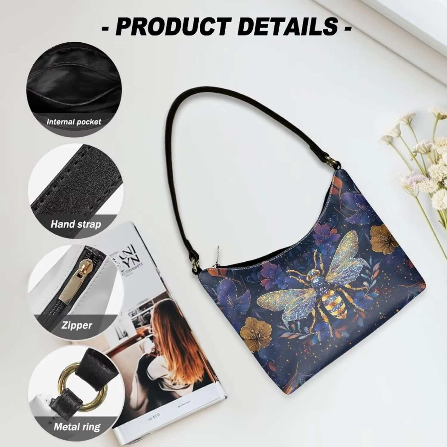 PU Leather Underarm Shoulder Bag Small Zipper Hobo Bags for Women Crescent Tote Bag for Date Travel Shopping