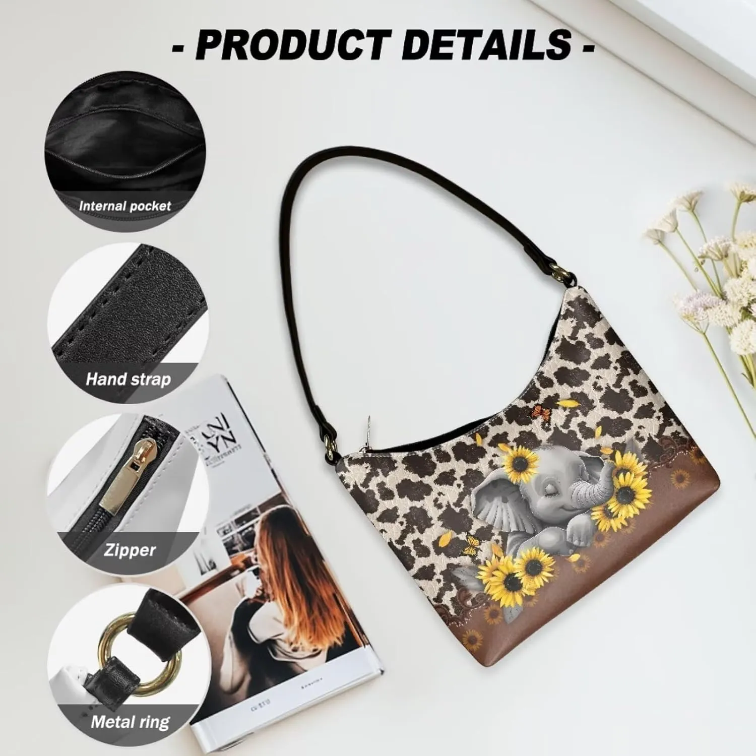 PU Leather Underarm Shoulder Bag Small Zipper Hobo Bags for Women Crescent Tote Bag for Date Travel Shopping