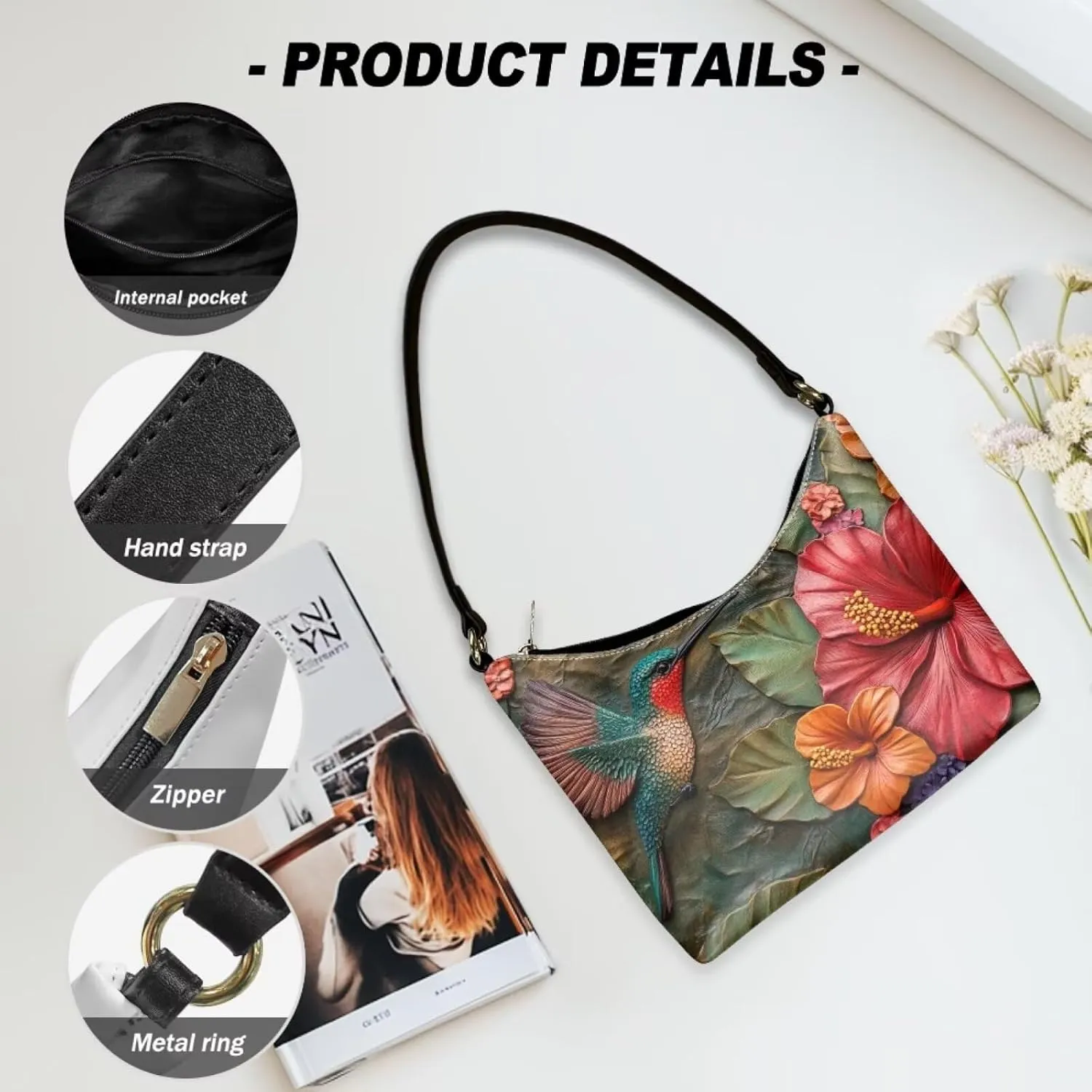PU Leather Underarm Shoulder Bag Small Zipper Hobo Bags for Women Crescent Tote Bag for Date Travel Shopping