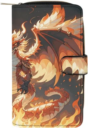 PU Leather Wallet Flaming Dragon Print Travel Purse Women's Long Bifold Wallet Ladies Card Holder Purse with Zipper & Snap Closure
