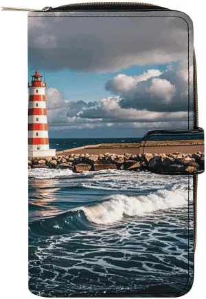 PU Leather Wallet Lighthouse Landscape Print Travel Purse Women's Long Bifold Wallet Ladies Card Holder Purse with Zipper & Snap Closure