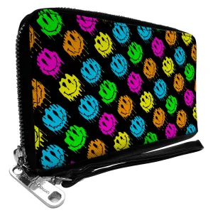 PU Zip Around Wallet Rectangle - Smiley Faces Melted Mini Repeat Angle Black Multi Neon