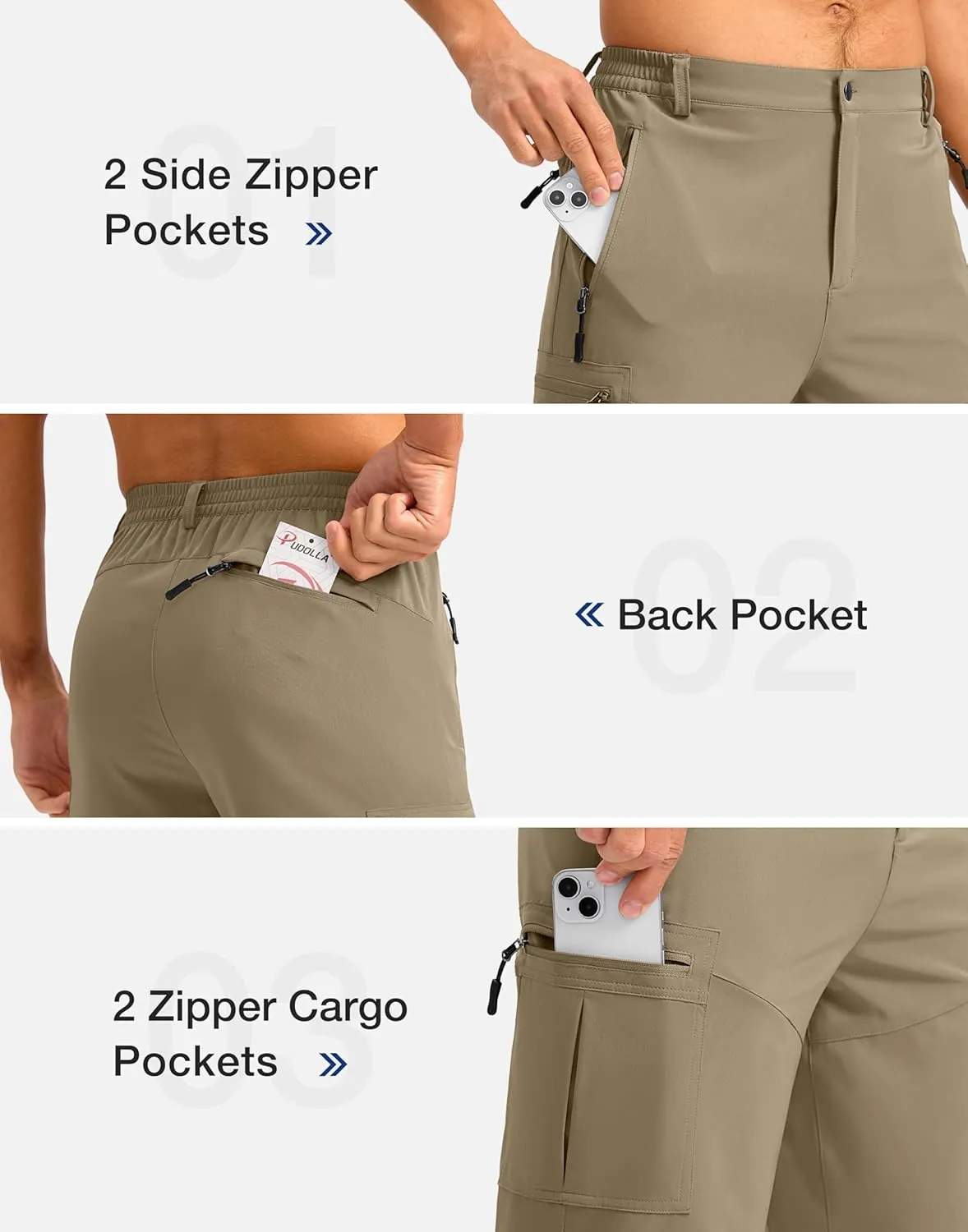 Pudolla Men's Hiking Shorts 11" Lightweight Cargo Work Shorts for Men Summer Travel Golf Casual Outdoor with 5 Pockets