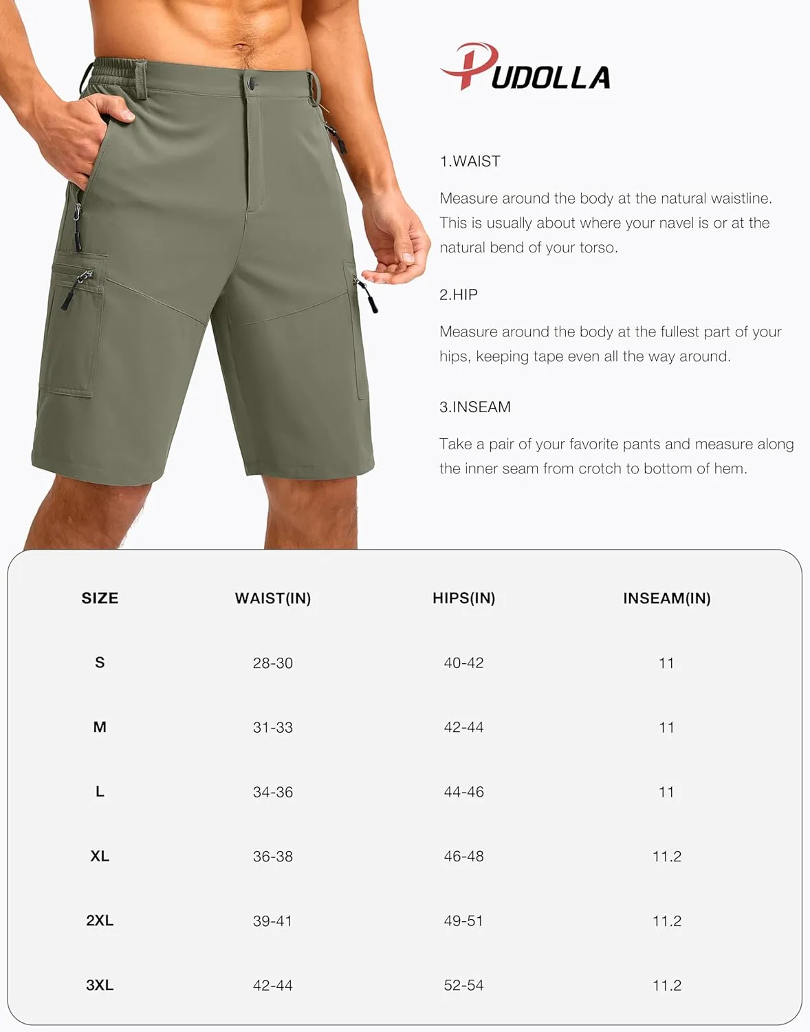 Pudolla Men's Hiking Shorts 11" Lightweight Cargo Work Shorts for Men Summer Travel Golf Casual Outdoor with 5 Pockets