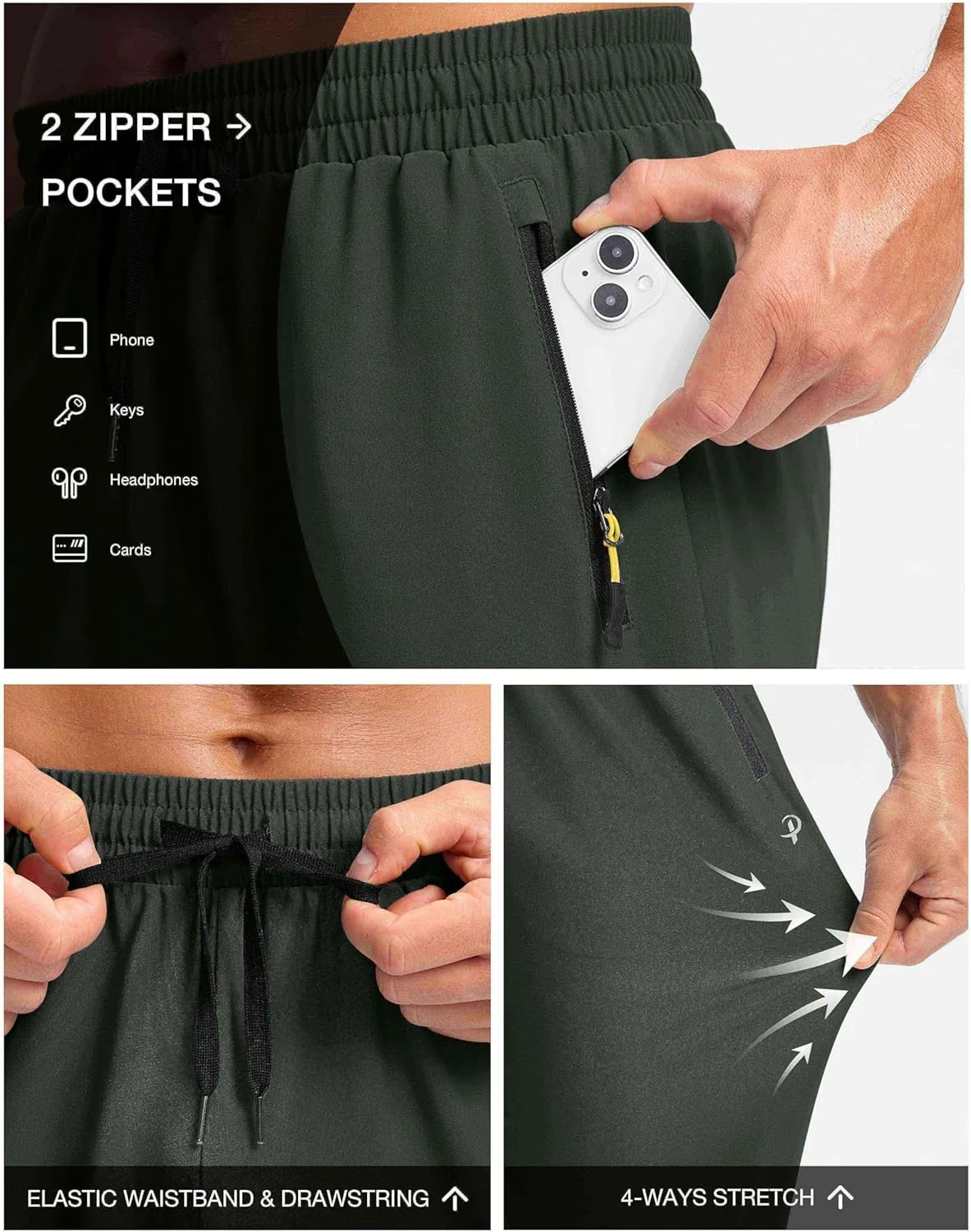 Pudolla Men's Lightweight Hiking Pants Quick-Dry Outdoor Sweatpants with Zipper Pockets for Casual Travel Athletic Workout