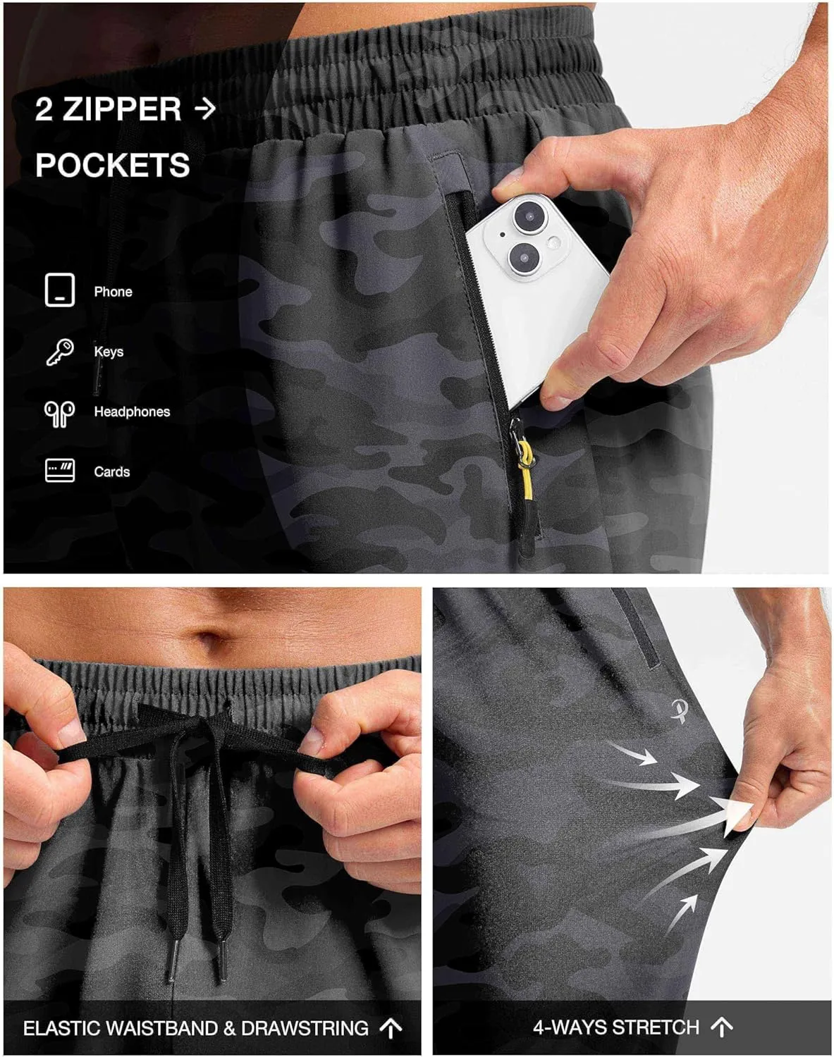 Pudolla Men's Lightweight Hiking Pants Quick-Dry Outdoor Sweatpants with Zipper Pockets for Casual Travel Athletic Workout