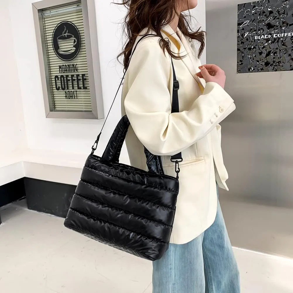 Puffer Tote Bag for Women, Quilted Cotton Padded Designer Handbag, Winter Down Padded Shoulder Bag