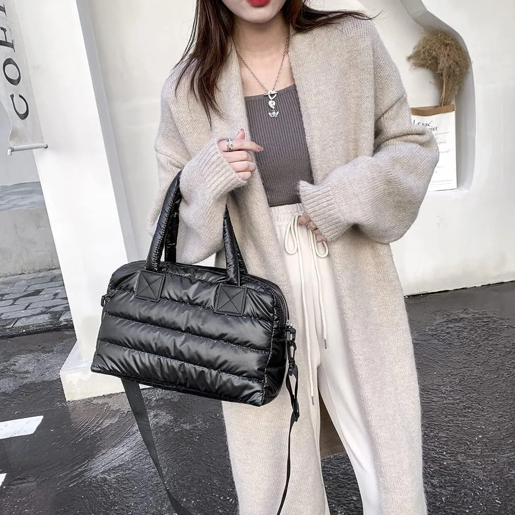 Puffer Tote Bag for Women, Quilted Cotton Padded Designer Handbag, Winter Down Padded Shoulder Bag