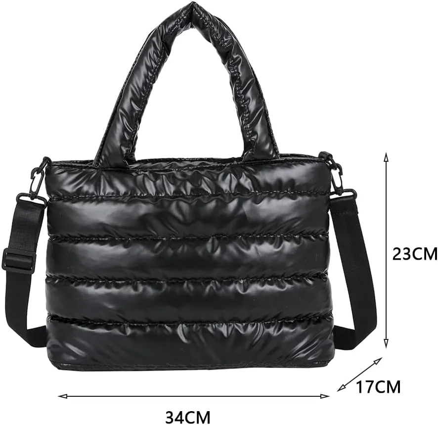 Puffer Tote Bag for Women, Quilted Cotton Padded Designer Handbag, Winter Down Padded Shoulder Bag
