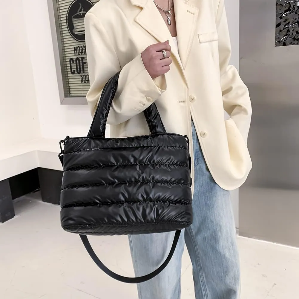 Puffer Tote Bag for Women, Quilted Cotton Padded Designer Handbag, Winter Down Padded Shoulder Bag