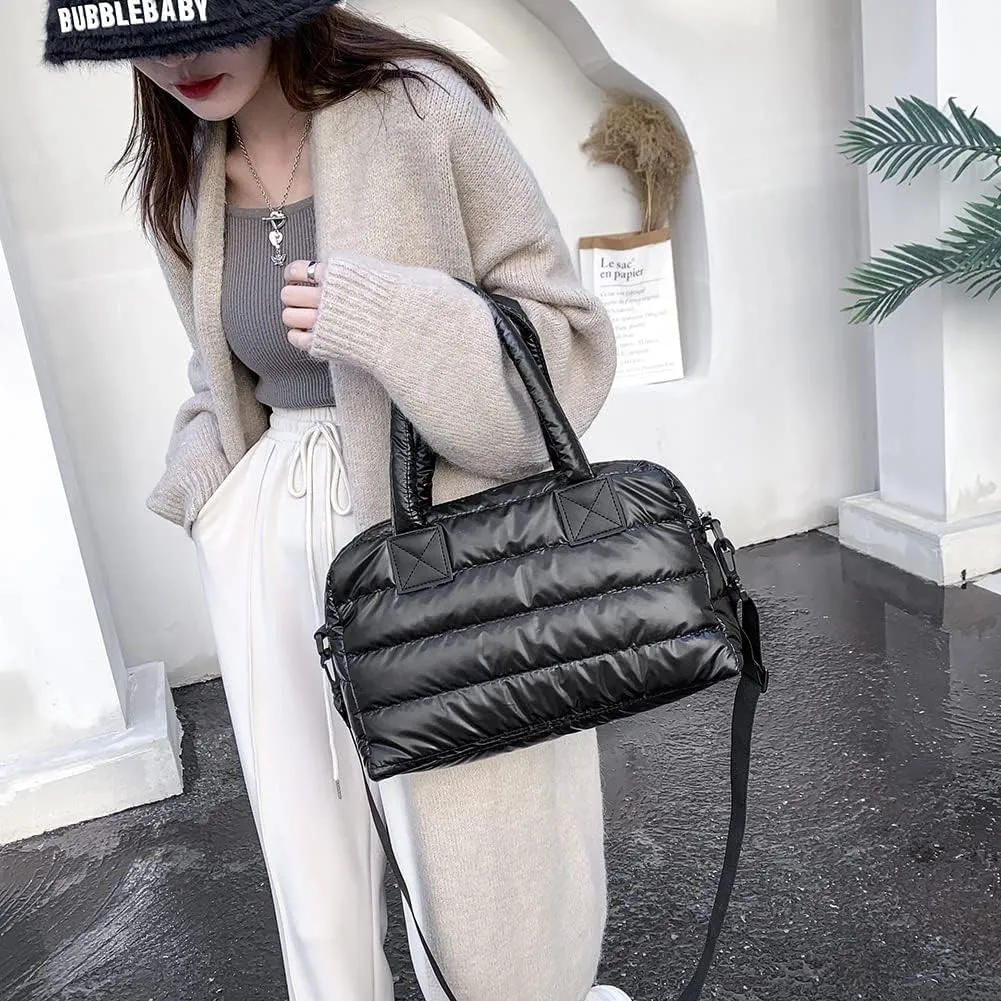 Puffer Tote Bag for Women, Quilted Cotton Padded Designer Handbag, Winter Down Padded Shoulder Bag