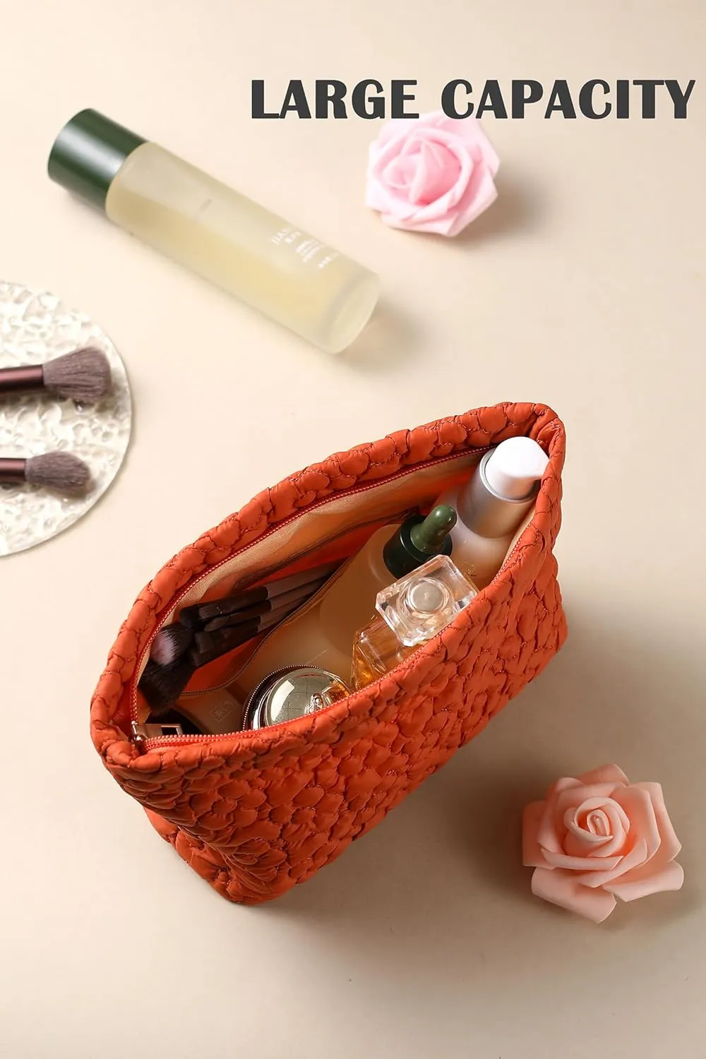 Puffy Quilted Makeup Bag for Women, Cosmetic Bag, Travel Toiletry Organizer Pouch Clutch (Orange Flowers)