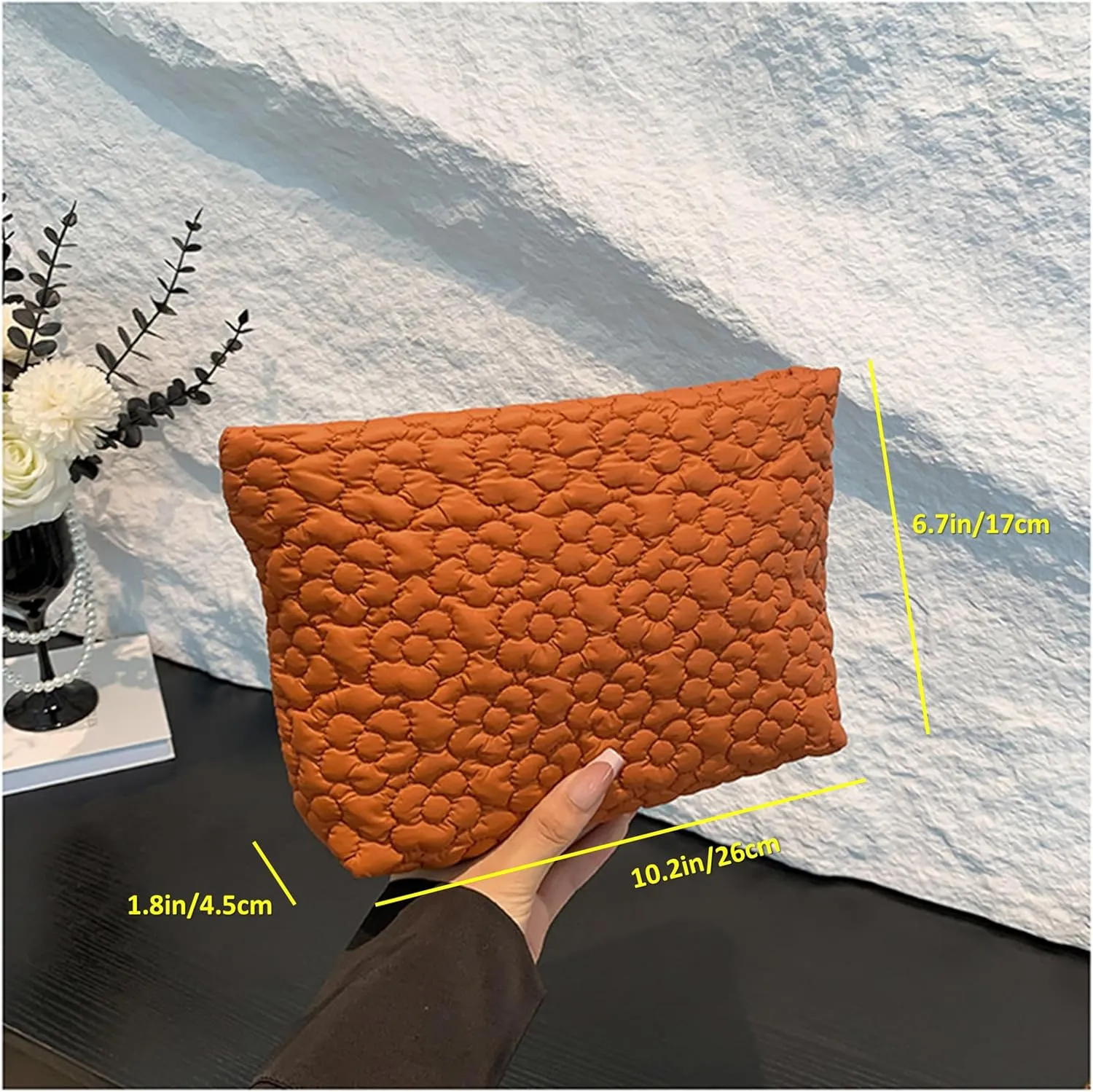 Puffy Quilted Makeup Bag for Women, Cosmetic Bag, Travel Toiletry Organizer Pouch Clutch (Orange Flowers)