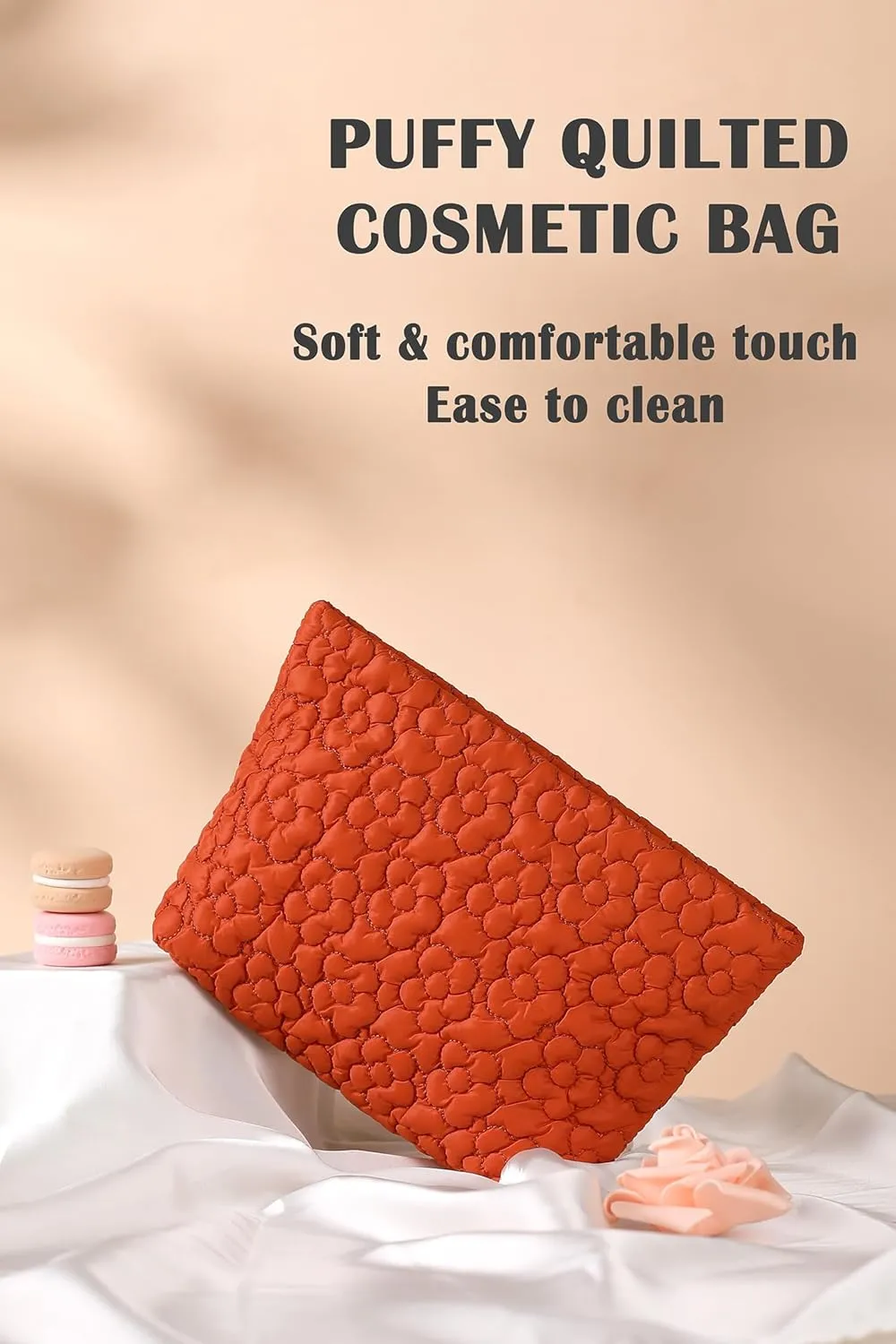 Puffy Quilted Makeup Bag for Women, Cosmetic Bag, Travel Toiletry Organizer Pouch Clutch (Orange Flowers)