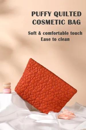 Puffy Quilted Makeup Bag for Women, Cosmetic Bag, Travel Toiletry Organizer Pouch Clutch (Orange Flowers)