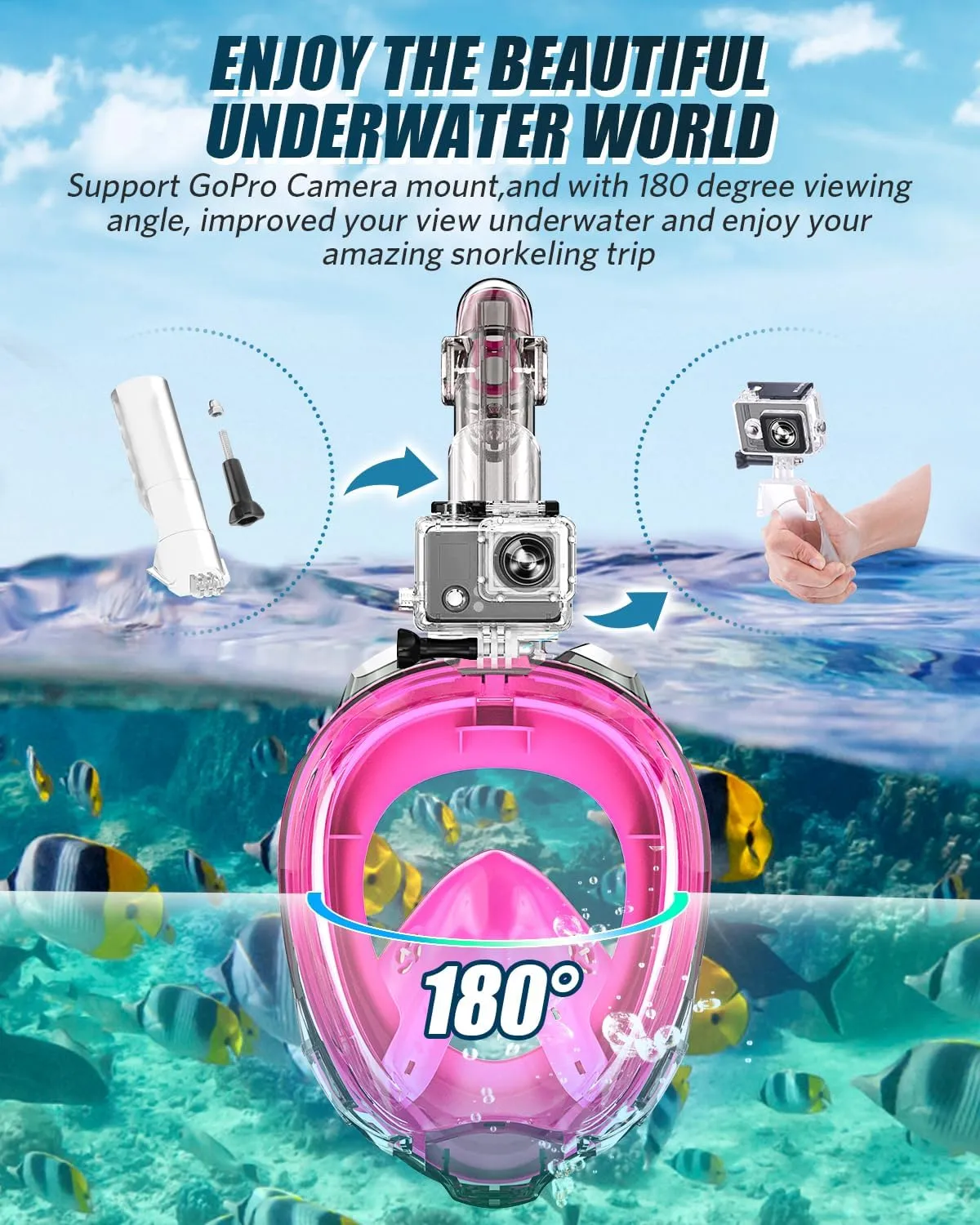 QingSong Full Face Snorkel Mask for Adults, Snorkeling Gear with Camera Mount, Foldable 180 Degree Panoramic View Snorkeling Set Anti-Fog Anti-Leak