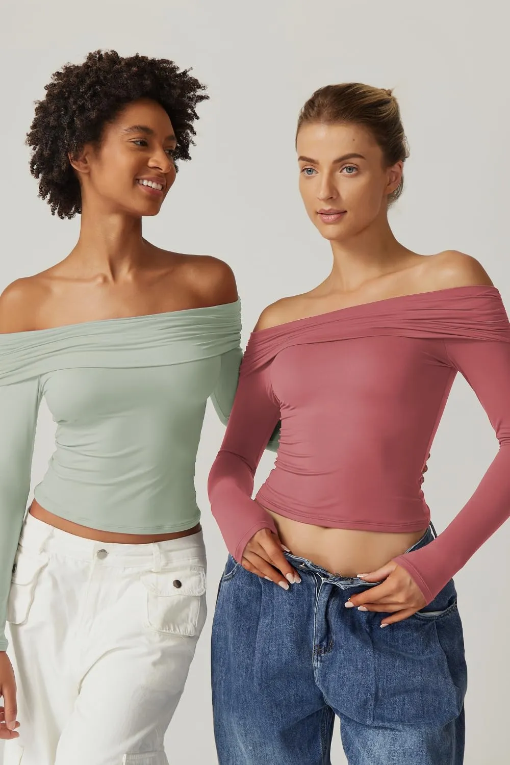 QINSEN Womens Off The Shoulder Tops Double Lined Long Sleeve T Shirts Slim Fitted Stretchy Crop Top