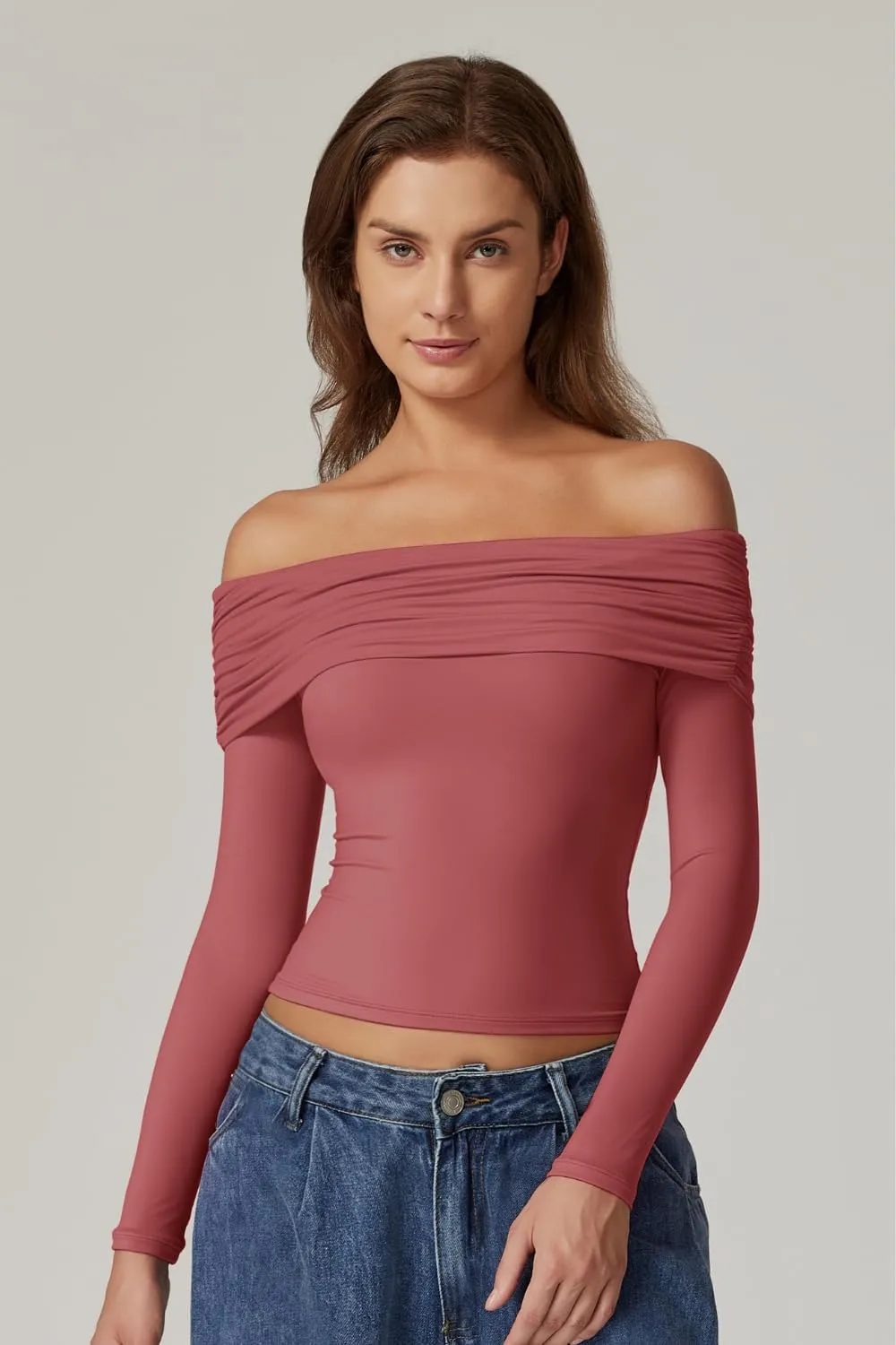 QINSEN Womens Off The Shoulder Tops Double Lined Long Sleeve T Shirts Slim Fitted Stretchy Crop Top