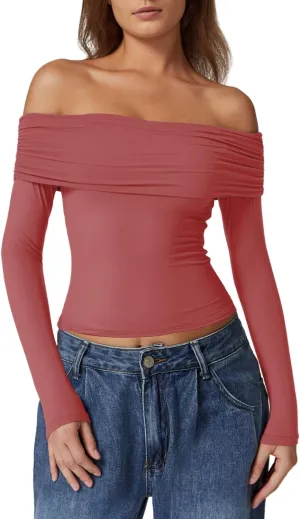 QINSEN Womens Off The Shoulder Tops Double Lined Long Sleeve T Shirts Slim Fitted Stretchy Crop Top