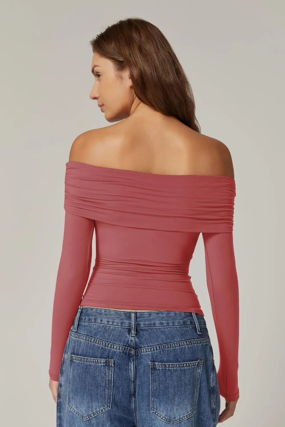 QINSEN Womens Off The Shoulder Tops Double Lined Long Sleeve T Shirts Slim Fitted Stretchy Crop Top