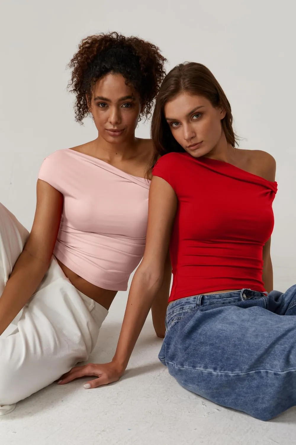 QINSEN Womens Twisted Off The Shoulder Tops Double Lined Short Sleeve T Shirts Slim Fitted Stretchy Tee