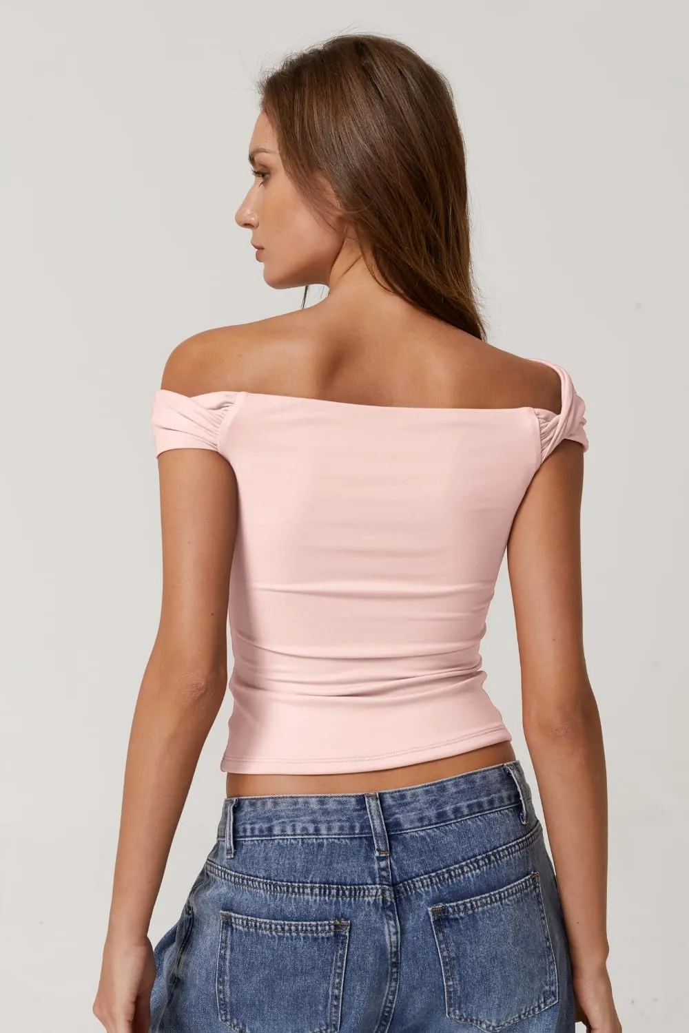 QINSEN Womens Twisted Off The Shoulder Tops Double Lined Short Sleeve T Shirts Slim Fitted Stretchy Tee