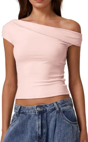 QINSEN Womens Twisted Off The Shoulder Tops Double Lined Short Sleeve T Shirts Slim Fitted Stretchy Tee