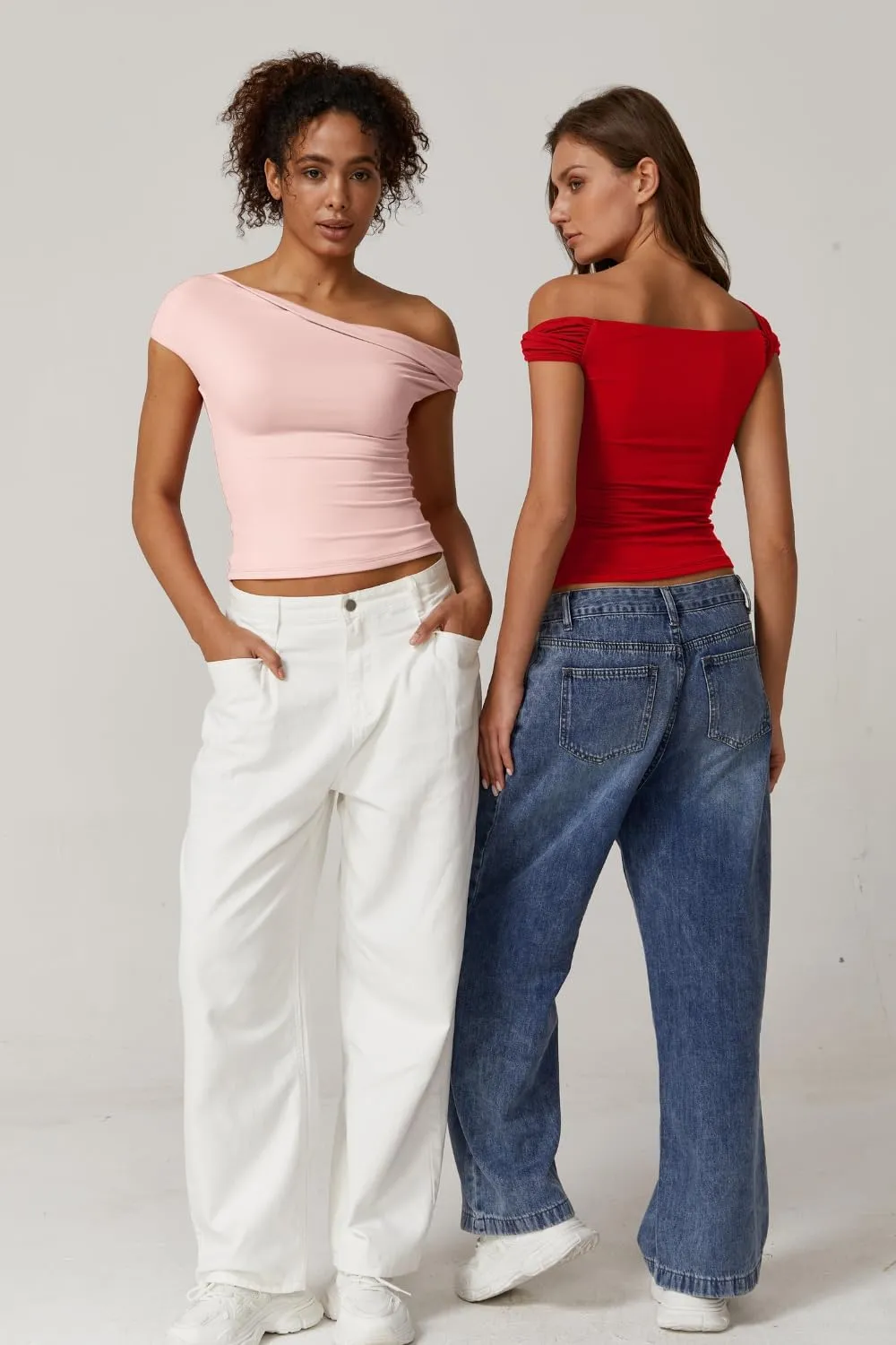 QINSEN Womens Twisted Off The Shoulder Tops Double Lined Short Sleeve T Shirts Slim Fitted Stretchy Tee