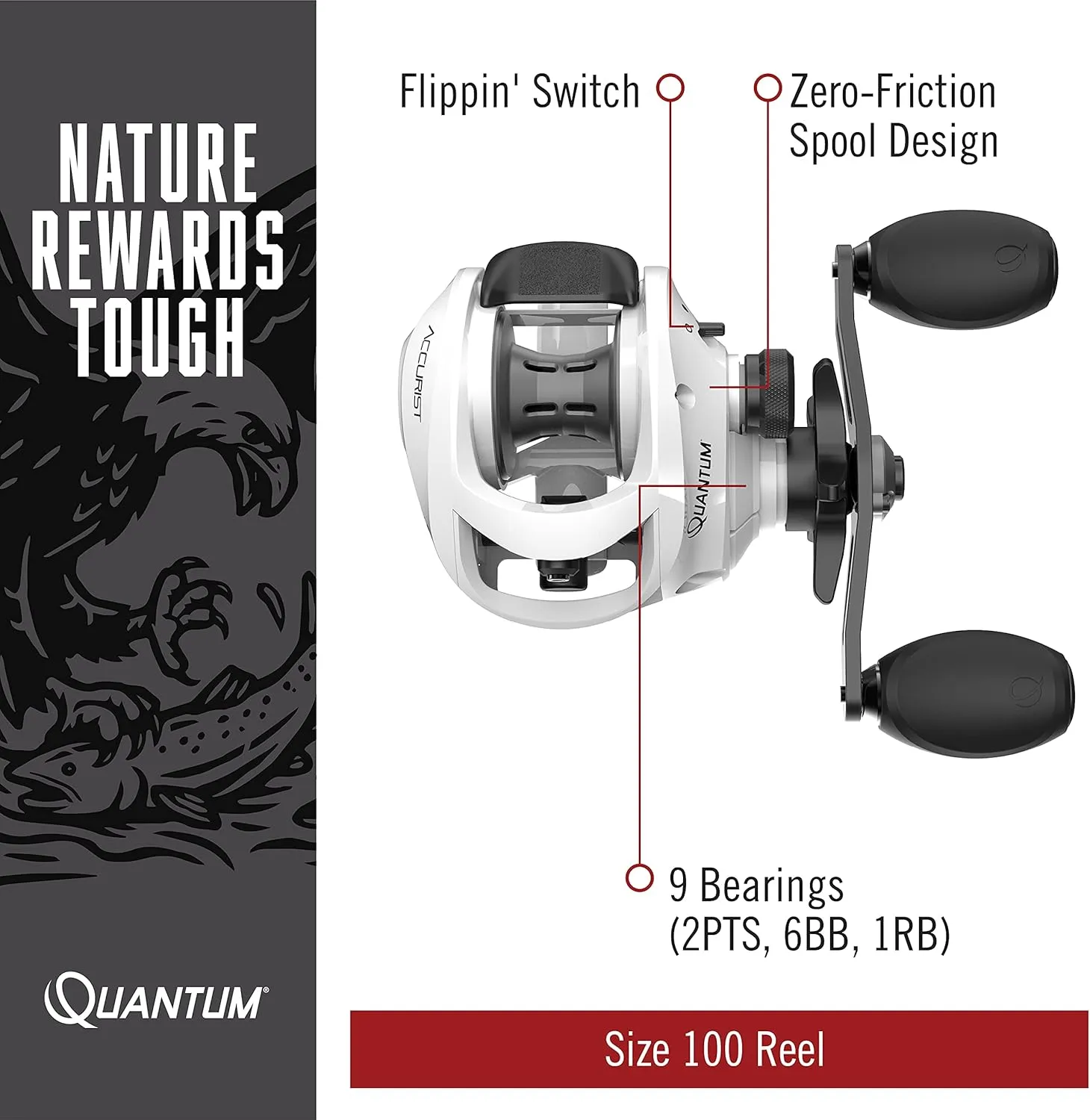 Quantum Accurist Baitcast Fishing Reel, Size 100 Reel, Oversized Non-Slip Handle Knobs and Continuous Anti-Reverse Clutch, One-Piece Aluminum Frame