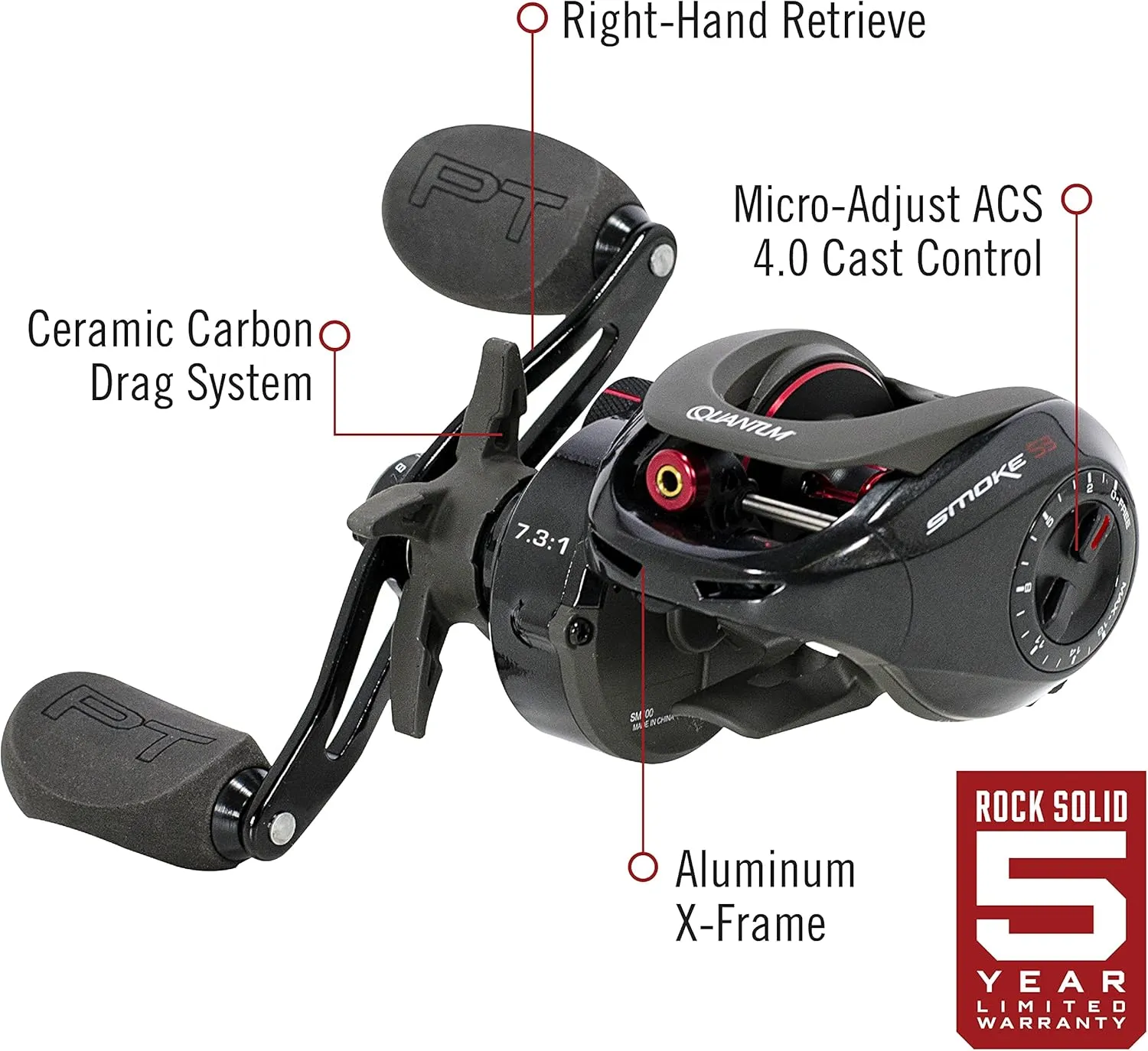 Quantum Smoke Baitcast Fishing Reel, Size 100 Reel, Large EVA Handle Knobs and Continuous Anti-Reverse Clutch, 10 1 Bearings, Black