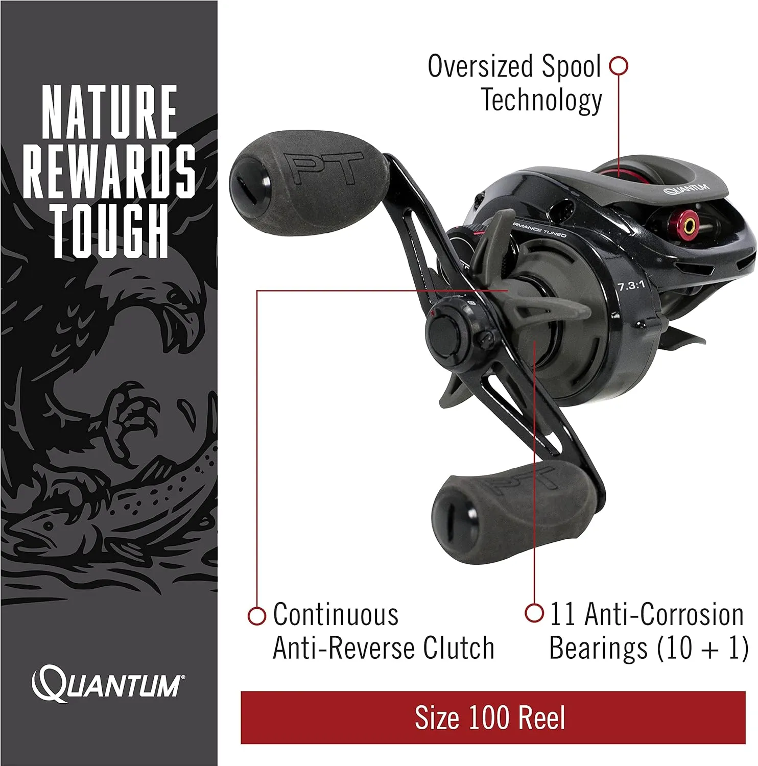 Quantum Smoke Baitcast Fishing Reel, Size 100 Reel, Large EVA Handle Knobs and Continuous Anti-Reverse Clutch, 10 1 Bearings, Black