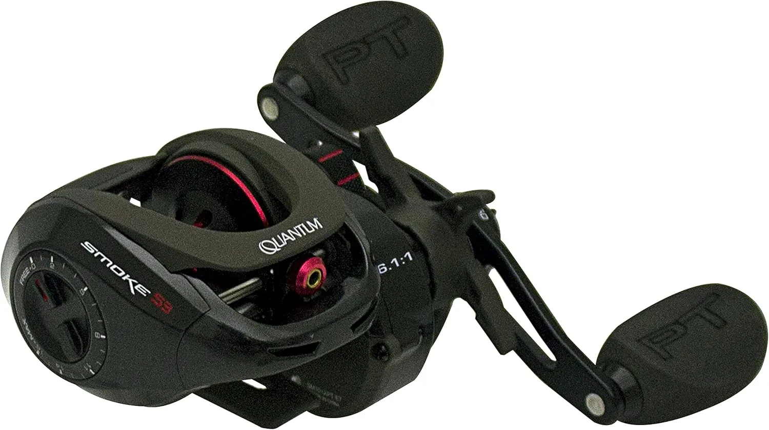Quantum Smoke Baitcast Fishing Reel, Size 100 Reel, Left-Hand Retrieve, Large EVA Handle Knobs and Continuous Anti-Reverse Clutch, 10 1 Bearings, 6.3:1 Gear Ratio, Black
