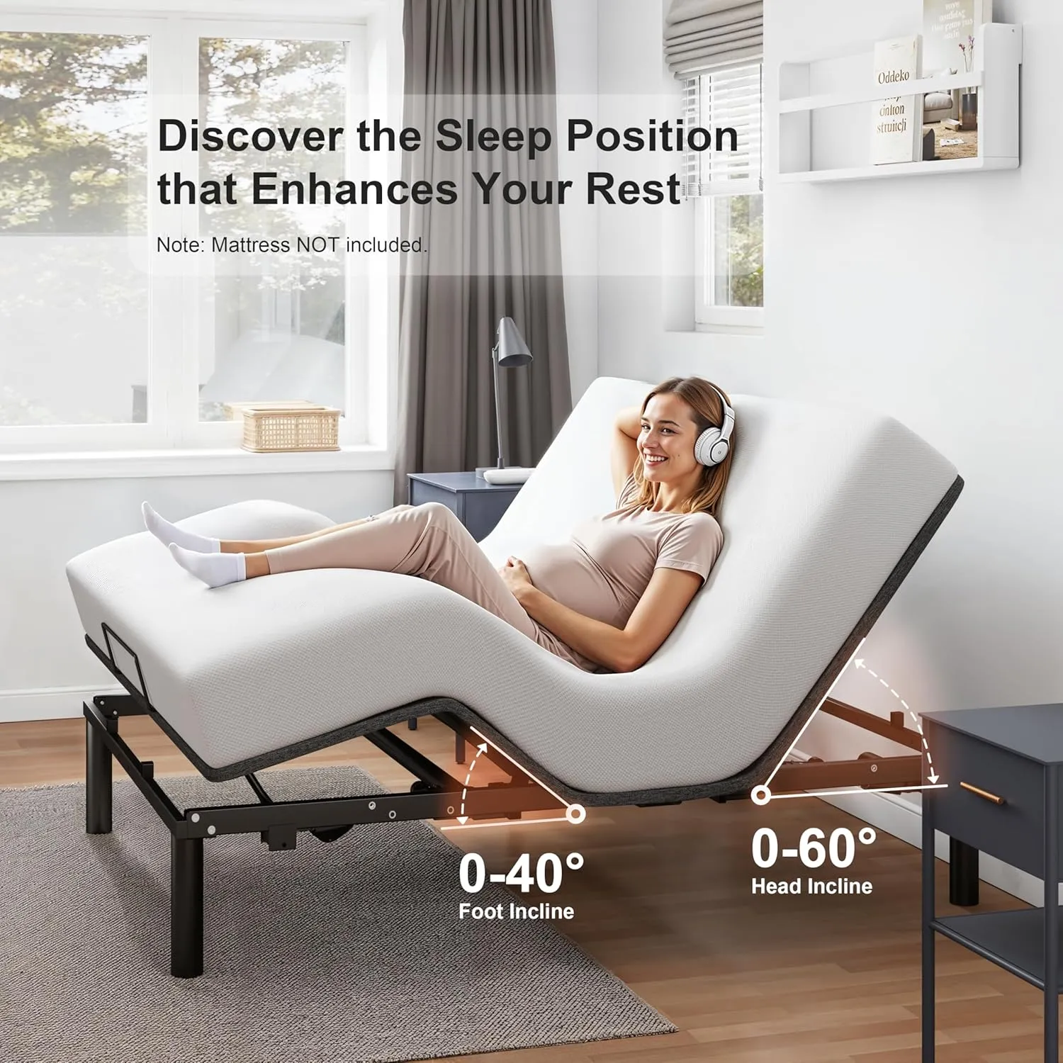 Queen Size Adjustable Bed Frame, Electric Bed Base, Wireless Remote Control, Whisper Quiet Durable Motor, Independent Head and Foot Incline, Fabric Covered