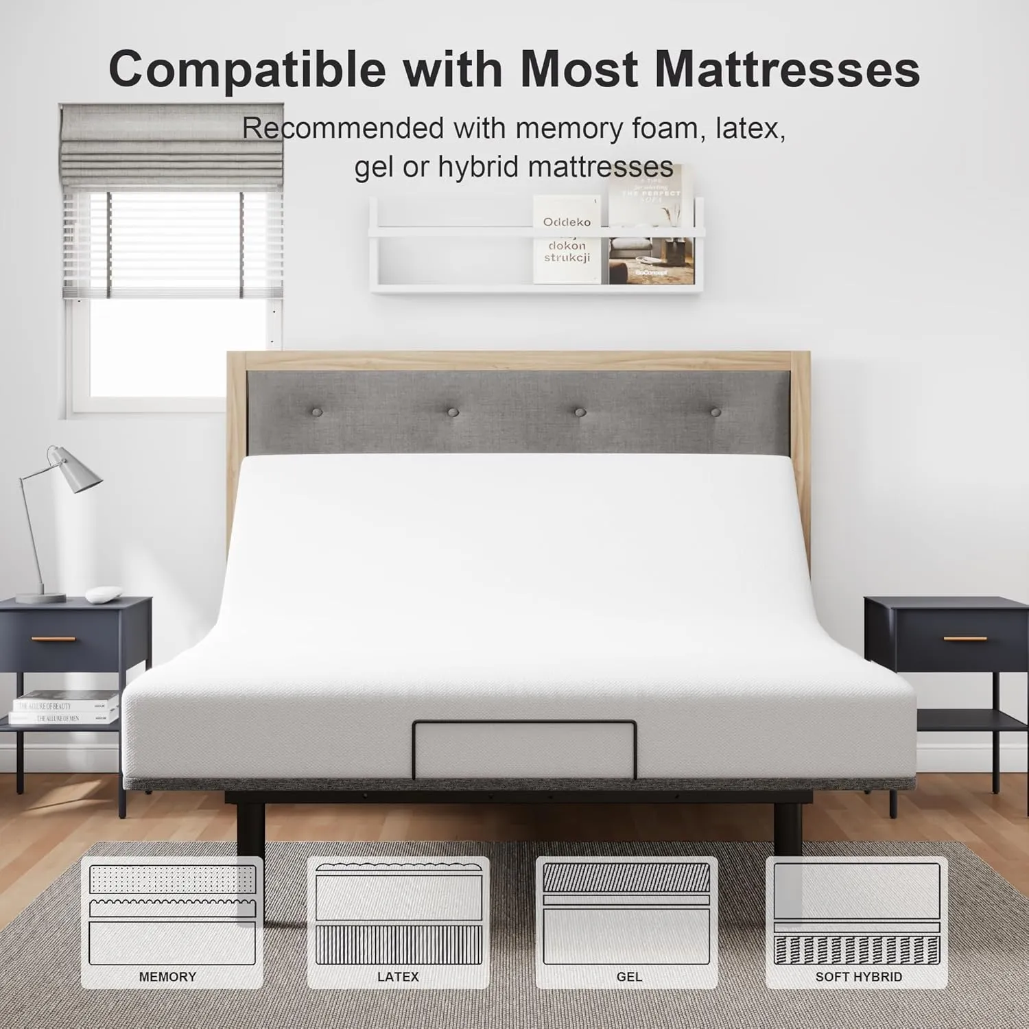 Queen Size Adjustable Bed Frame, Electric Bed Base, Wireless Remote Control, Whisper Quiet Durable Motor, Independent Head and Foot Incline, Fabric Covered