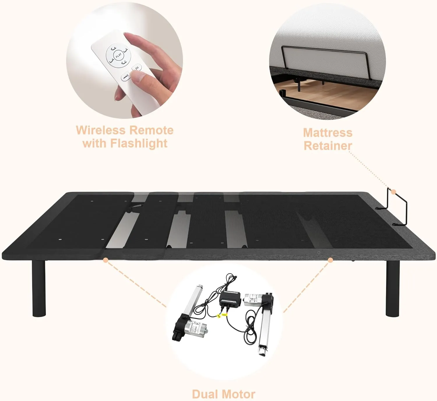 Queen Size Adjustable Bed Frame, Electric Bed Base, Wireless Remote Control, Whisper Quiet Durable Motor, Independent Head and Foot Incline, Fabric Covered