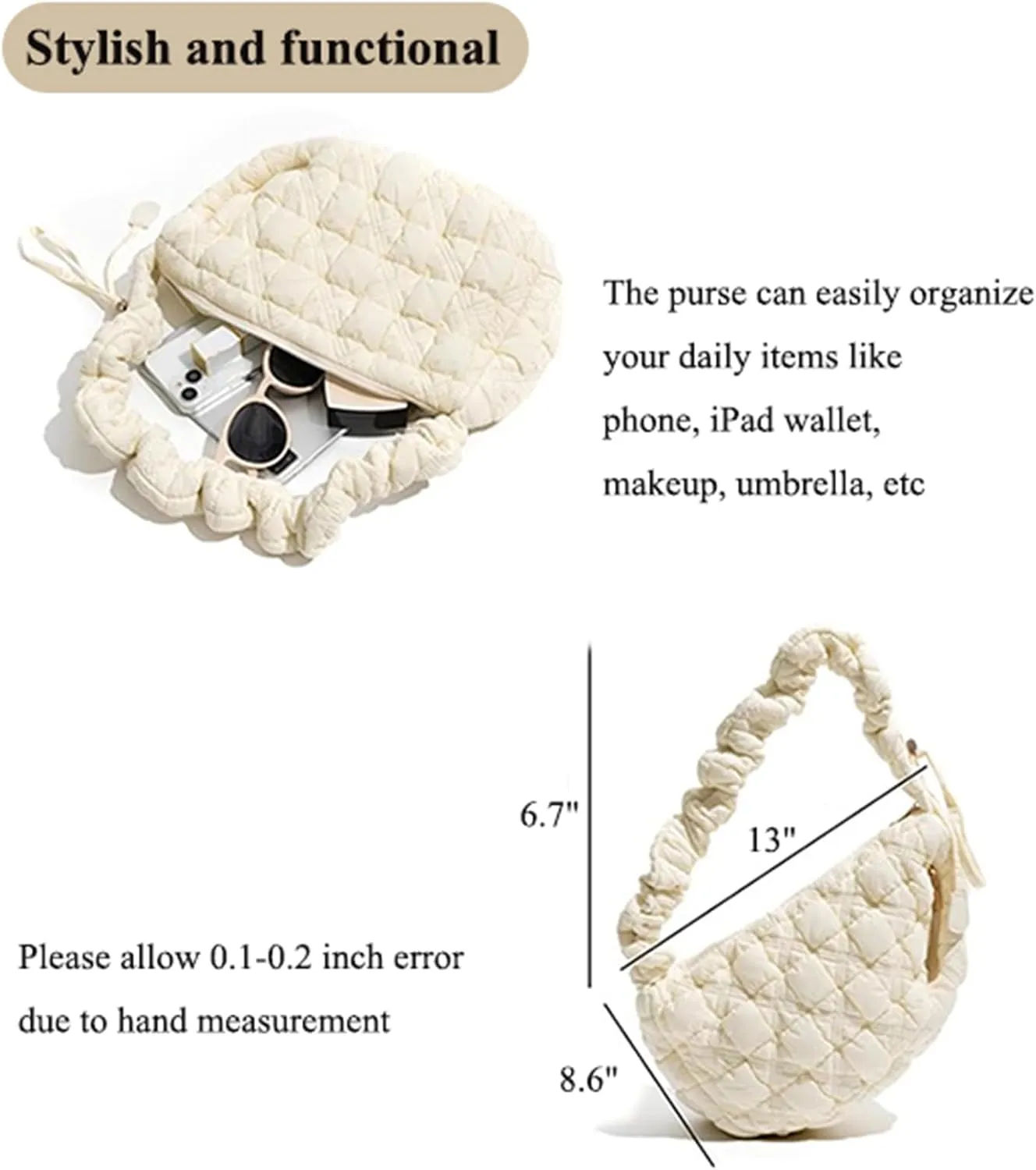 Quilted Shoulder Bag Puffer Handbag Crossbody Purse Padded Cloud Hobo Bag with Adjustable Strap