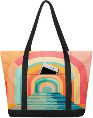 Rainbow Arch Door Tote Bag for Women Work Canvas Travel Tote Bags with Zipper Large Capacity Casual Handbag with Inner Pockets Reusable Shopping Shoulder Bag for Teacher Nurse