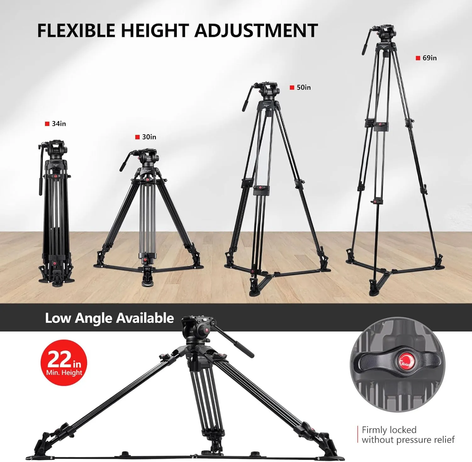 RAUBAY 69" Fluid Head Video Camera Tripod, Heavy Duty Camera Stands for Canon Nikon Sony DSLR, Camcorder, Digital Cine with Ground Spreader, Aluminium Twin Leg, QR Plate, Max Load 17.6lbs (DV-2)