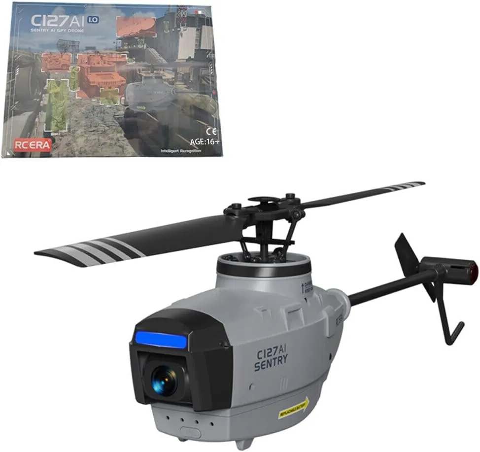 RC Helicopter Model with 1080P Camera, 2.4G RC 4CH C127AI Black Hornet Scout Drone Single-Rotor Brushless Helicopter Model for Beginner Adults, Without Aileron (RTF Version/Grey)