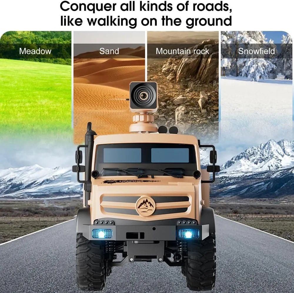 RC Military Truck, 1:16 Scale Remote Control Car with Camera, All Terrain RC Rock Crawler Off-Road RC Truck, 2.4GHz Army Transport Vehicle with Rechargeable Battery for Kids Adults, Beige