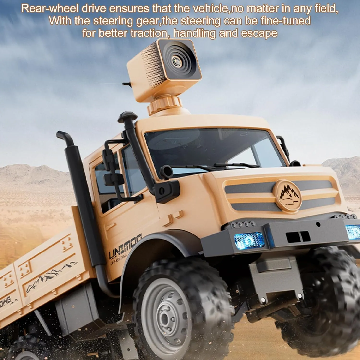 RC Military Truck, 1:16 Scale Remote Control Car with Camera, All Terrain RC Rock Crawler Off-Road RC Truck, 2.4GHz Army Transport Vehicle with Rechargeable Battery for Kids Adults, Beige