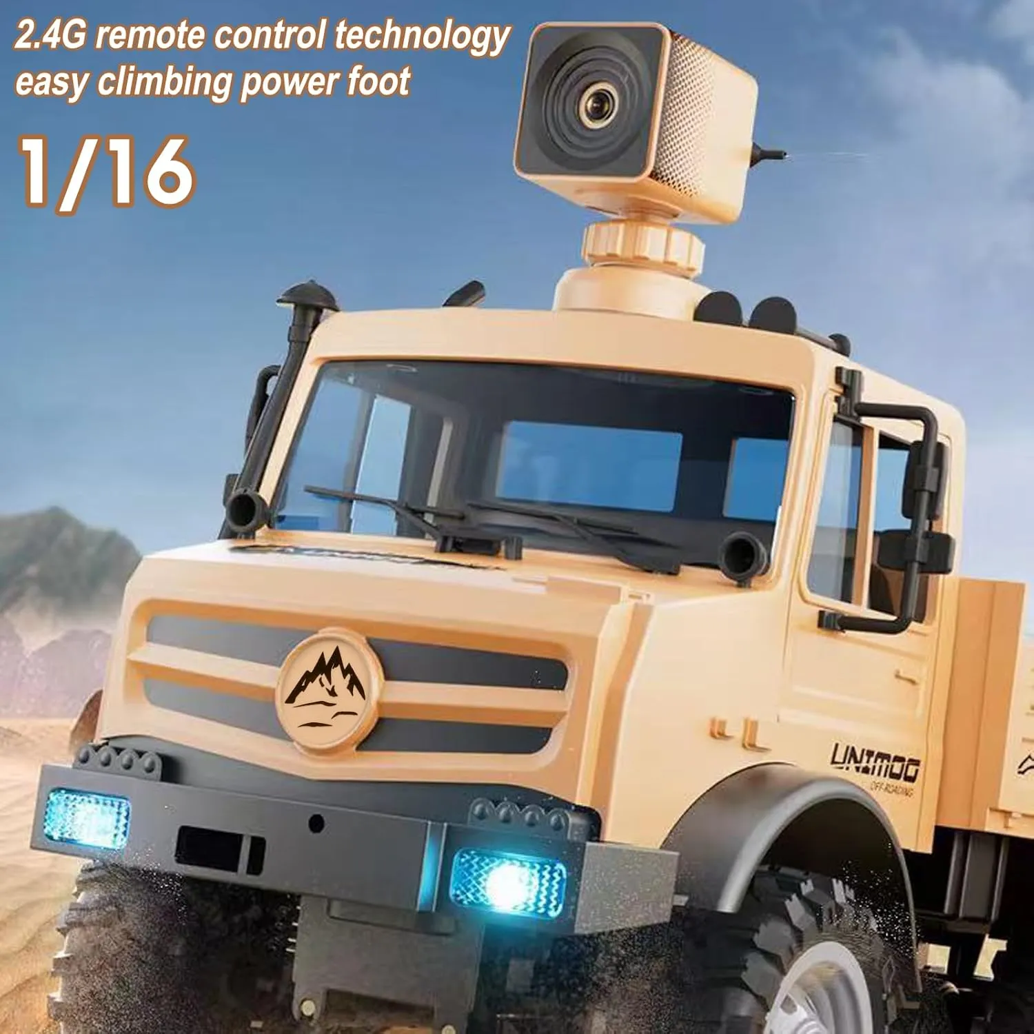 RC Military Truck, 1:16 Scale Remote Control Car with Camera, All Terrain RC Rock Crawler Off-Road RC Truck, 2.4GHz Army Transport Vehicle with Rechargeable Battery for Kids Adults, Beige