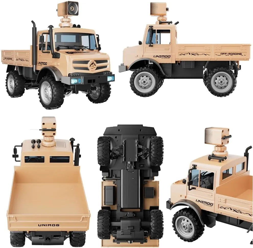 RC Military Truck, 1:16 Scale Remote Control Car with Camera, All Terrain RC Rock Crawler Off-Road RC Truck, 2.4GHz Army Transport Vehicle with Rechargeable Battery for Kids Adults, Beige