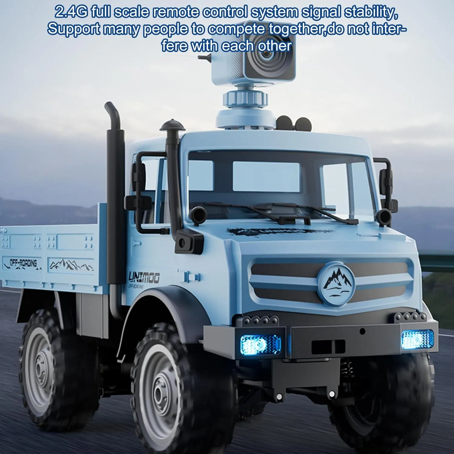RC Military Truck, 1:16 Scale Remote Control Car with Camera, All Terrain Rock Crawler Off-Road Truck, 2.4GHz Army Transport Vehicle with 2 Rechargeable Batteries for Kids & Adults, Blue
