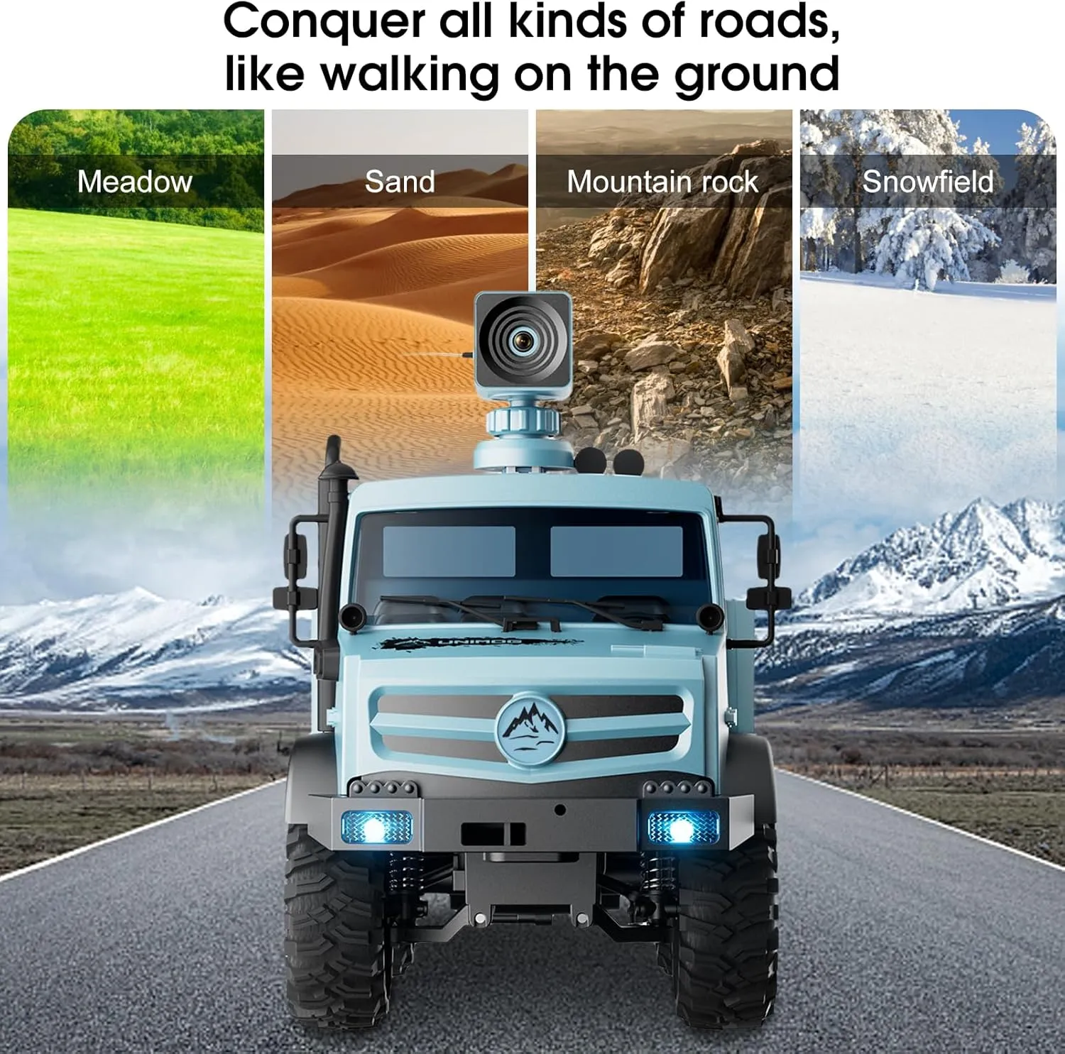RC Military Truck, 1:16 Scale Remote Control Car with Camera, All Terrain Rock Crawler Off-Road Truck, 2.4GHz Army Transport Vehicle with 2 Rechargeable Batteries for Kids & Adults, Blue