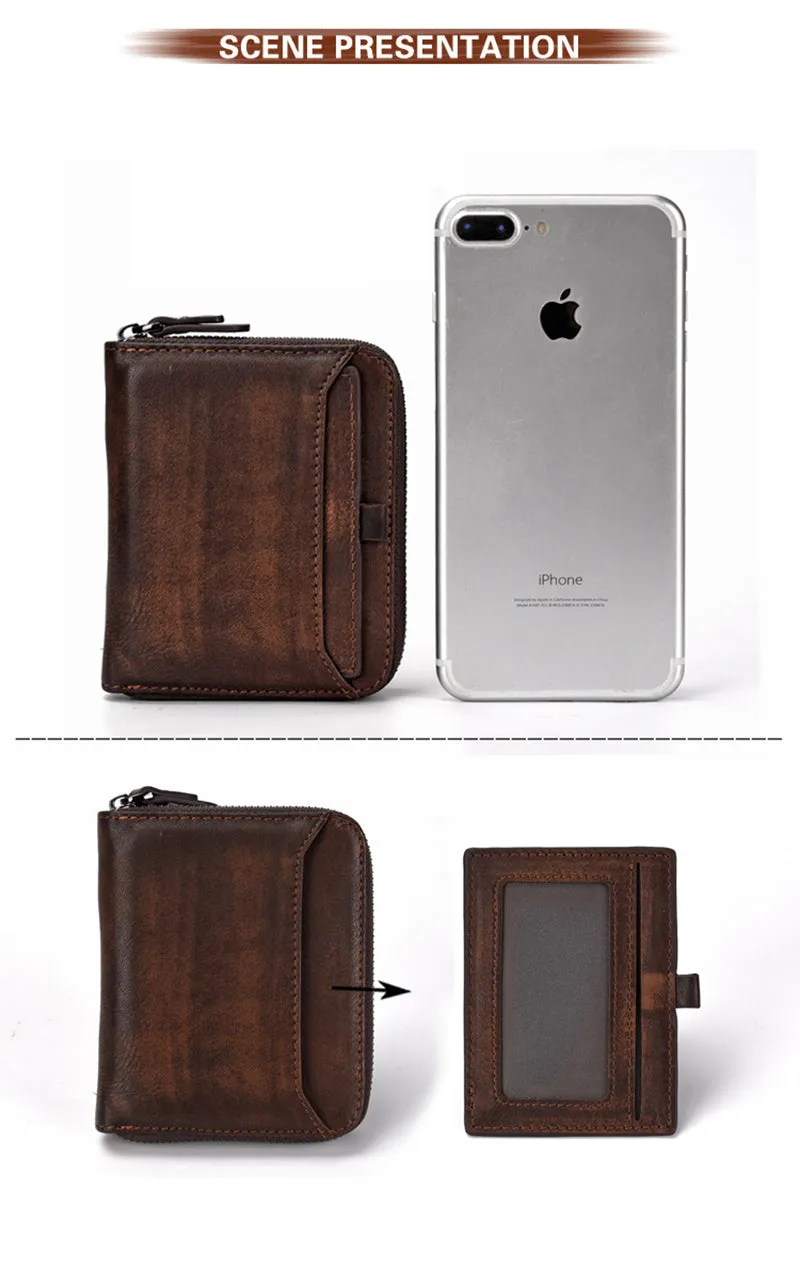 Realaiot Wallet man short head layer cowhide money Clip Men's retro wallet vertical zipper casual Youth small wallet
