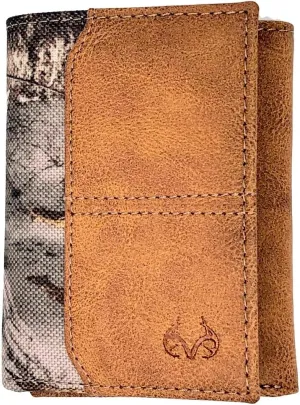 Realtree Camo Slim Card Holder Money Clip Wallets for Men (Edge Camo Burnished Tan Leather Trifold Wallet)