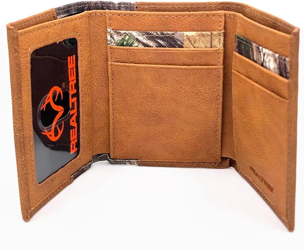 Realtree Camo Slim Card Holder Money Clip Wallets for Men (Edge Camo Burnished Tan Leather Trifold Wallet)